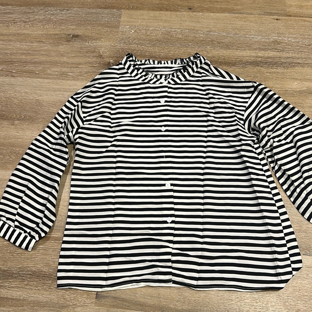 NWT Evaless small button down black and white striped blouse